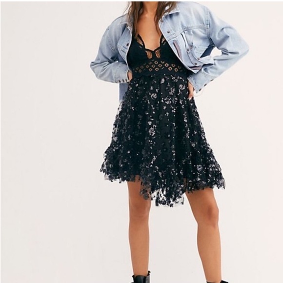 Free People Adella Sequin Slip sequin Dress Black. - Picture 3 of 12